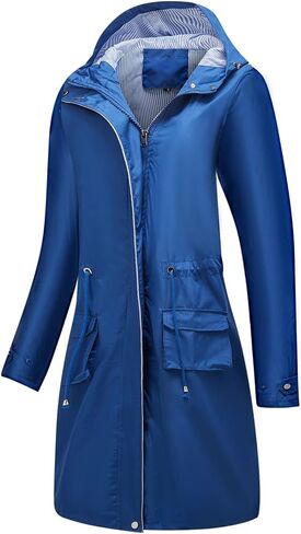Women's Long Raincoat Rain Jacket Hooded Ladies Fashion Casual Full Zip Waterproof Anorak Light Jackets Knee Length Hood Windbreaker Knee Length Pockets Pockets Black Large in Saudi Arabia