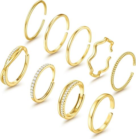 حلقات JSTYLE GOLD قابلة للتكديس للنساء غير المشوهة مفتوحة قابلة للتعديل حلقات مكعبة الزركونيا رقيقة إبهام الخاتم الفضي مجموعة 14K مملوءة بالذهب الخنصر مجموعة التراهن in Saudi Arabia