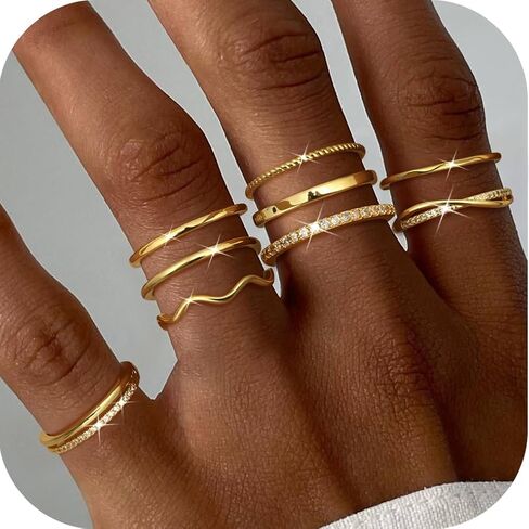حلقات JSTYLE GOLD قابلة للتكديس للنساء غير المشوهة مفتوحة قابلة للتعديل حلقات مكعبة الزركونيا رقيقة إبهام الخاتم الفضي مجموعة 14K مملوءة بالذهب الخنصر مجموعة التراهن in Saudi Arabia