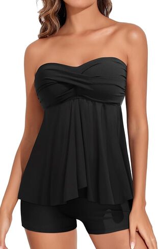 Women Strapless Tankini Swimsuits - 2 Piece Halter Bathing Suit Bandeau Flyaway Top with High Waist Swim Shorts in Saudi Arabia