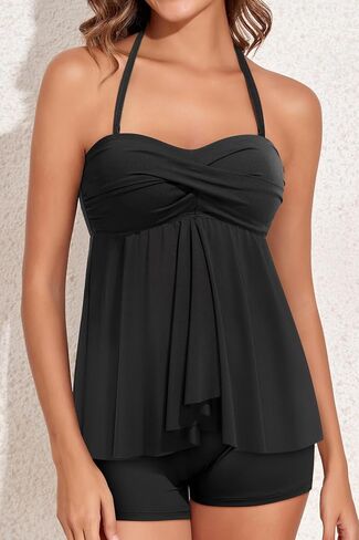 Women Strapless Tankini Swimsuits - 2 Piece Halter Bathing Suit Bandeau Flyaway Top with High Waist Swim Shorts in Saudi Arabia