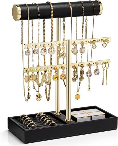 Vlando 3 Tier Necklace Holder Organizer with Tray, Leather Bracelet Holder Display for Women, Gold Jewelry Stand for Bracelet, Necklace, Earrings, Rings - Cloud White in Saudi Arabia