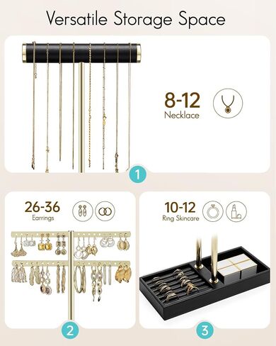 Vlando 3 Tier Necklace Holder Organizer with Tray, Leather Bracelet Holder Display for Women, Gold Jewelry Stand for Bracelet, Necklace, Earrings, Rings - Cloud White in Saudi Arabia