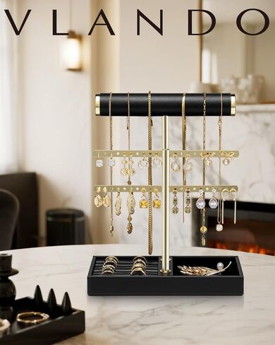 Vlando 3 Tier Necklace Holder Organizer with Tray, Leather Bracelet Holder Display for Women, Gold Jewelry Stand for Bracelet, Necklace, Earrings, Rings - Cloud White in Saudi Arabia