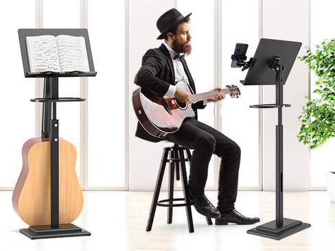 Music Stand for Sheet Music-Bamboo Portable Black Music Stands with Tray& Wooden Music Stand Adjustable 39.37″-51.2″ for Conductor Lectern Guitar Violin Piano Manhasse in Saudi Arabia