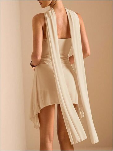 Soly Hux Women's Deep V Neck Ruffle Mesh Dress Dress Spaghetti Strap Litrons Asymetrical Mini Dresses with and وشاح in Kuwait