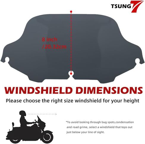 TSUNG 8" Black Wave Windshield Windscreen Wind Splitter Compatible with 1996-2013 Harley Davidson Touring Street Glide Electra Glide Trike FLHT FLHX FLHTK FLHTC FLHTCU (Fit 96-13 Black, 8inch) in Kuwait