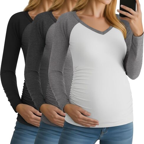 3 حزمة قمصان الأمومة النسائية طويلة الأكمام الخامس قمم الرقبة على الجانب الآخر in Kuwait