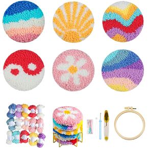AIRDEA Punch Needle Coasters Kit,Simple Casual Punch Needle Embroidery Complete Kits for Adults Beginner 3.29x3.29 Inches,Included All Accessories,DIY Car Coasters,Drink Coasters,Gift