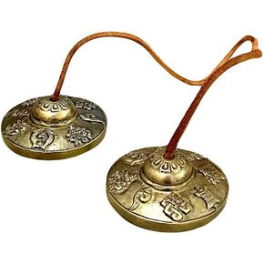 WIGANO 7.5 Cm Bronze Tibetian Singing Hand Play Tingsha Bell emobsed with Good Luck Symbol for Meditation Prayers And Healing