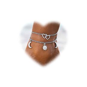 Crymystal Bohemian Layered Sunmoon Anklet for Women Heart Ankle Bracelets Silver Sunmoon Dangle Anklets Sea Heart Anklets Chain Bracelet Summer Beach Foot Ankle Chain Jewelry for Girls Gifts