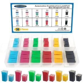 36PCS Automotive Combination Low and Tall/STD Profile Box Shaped Assortment Fuse Kit for Ford, Chevy/GM, Nissan, and Toyota Pickup Trucks, Cars and SUV