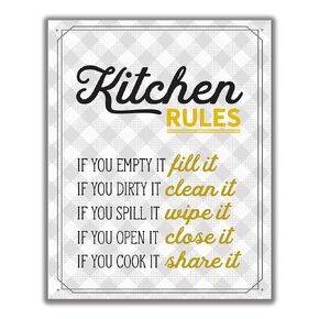 Retro Kitchen Rules Wall Art Print - Gold/Mustard Yellow, Gray, White - 8x10 UNFRAMED Funny Kitchen PHOTO PAPER Print Perfect for Modern Farmhouse, Rustic, Vintage, Cottage, Country Decor.