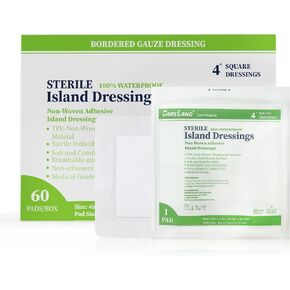 Waterproof Bordered Gauze Island Dressing 4x10 Box of 30 Pads Sterile Medical Dressing Pad Wound Dressing Bandage with Central Cushioning Gauze Burn Dressing with Adhesive Edges Medical Grade Pads