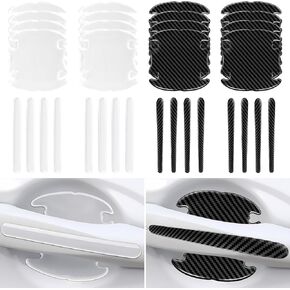 16PCS Car Door Handle Scratch Protector Set- 8PCS Clear Transparent & 8PCS Carbon Fiber Sticker Guard Cover Avoiding Scratches, Auto Accessories Universal for Most Door Handles