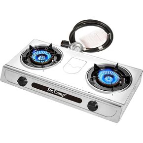 Dr.Camp 30000 BTU 2 burner outdoor garden camping camp hiking propane stove cooker grill with CSA listed regulator and gas hose, gray color