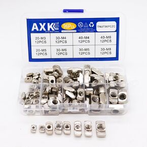 AXK 96pcs T nut Set M3 M4 M5 M6 M8 T-Slot Nut Kit Hammer Head Sliding t-nut for 2020 3030 4040 Aluminum Profile Fasteners