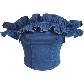 SweatyRocks Women's Short Sleeve Off Shoulder Bandeau Vest Ruffle Trim Backless Crop Denim Tube Top