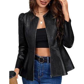 Kedera Womens Faux Leather Jacket Zip Up Puff Sleeve Peplum Coat Long Sleeve Jacket Crew Neck Crop Jacket Outwear