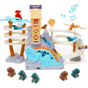 Dinosaur Chasing Race Track Game Set Double Loop Track Slide Toy Climb Stairs Toy Roller Coaster Toy with Music Educational Puzzle Playsets Gift for Toddler Kids Boys Girls Age 3+