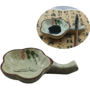 Woonsoon Multifunctional Inkwell Dish Porcelain Handmade Ink Well Inkstone with Brush Holder for Chinese Japanese Calligraphy Painting Practice