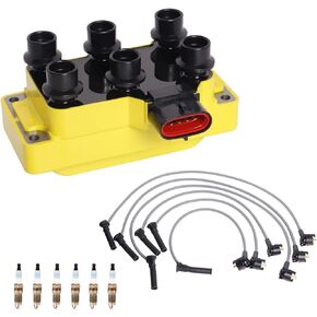 ENA Set of Yellow Ignition Coils with 6 Spark Plugs and Wire Set Compatible with Mazda Ford Mustang Ranger B4000 4.0L V6 Replacement for FD480 S858385