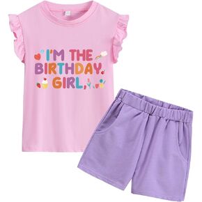 Tkria Toddler Girl Birthday Short Set Summer Ruffled Sleeve Tshirt and Shorts Set Birthday Girls Outfit Clothes 1-7T