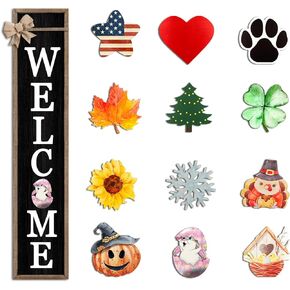 Interchangeable Welcome Sign for Front Porch Standing 45"X9" Large with 12 Pcs Replaceable Icons Outdoor Decorations Frame Tall Vertical Outside Farmhouse Rustic Door Decor (Black)