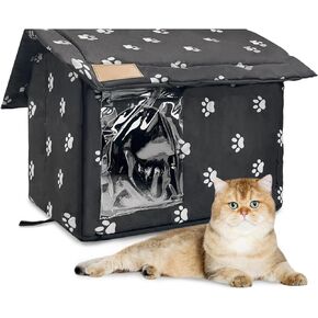 Fhiny Stray Cats Shelter, Waterproof Outdoor Cat House Foldable Warm Pet Cave for Winter Wild Animal Tent Bed Anti-Slip Kitten Cave for Feral Cat Dog Puppy Weatherproof Black (L:17.7"×15"×16.5")
