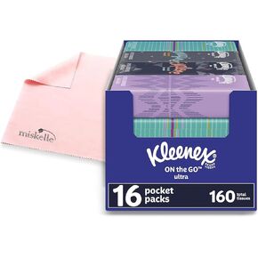 White Facial Tissue 16 Pocket Packs of 10 Kleenx + Bonus Microfiber Cloth by Miskelle