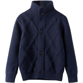 OCHENTA Boys' Turtleneck Cardigan Sweater Chunky Cable Knitted Button Down Long Sleeve Navy Blue Tag 120-5Y