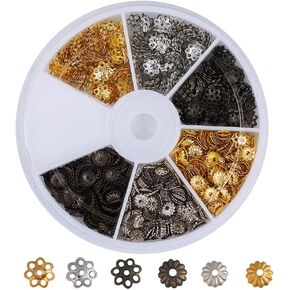Pandahall 1Box/1200pcs 3 Colors 2 Styles Iron Filigree Flower Bead Caps End Caps 5-6mm in Diameter for Jewelry Making with 6-Grid Container