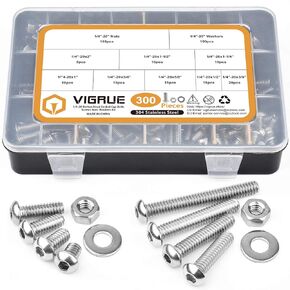 1/4-20 5/16-18 3/8-16 Button Head Cap Screw, VIGRUE 197pcs SAE 12 Sizes Hex Cap Bolts Flat Washers Nuts Assortment Kit Machine Screws Set, 304 Stainless Steel