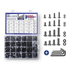 Gelisen 1230pcs M2 M3 M4 M5 الفضة عرافة المقبس زر رئيس مسامير المكسرات غسالات مجموعات متنوعة، 10.9 فئة سبائك الصلب مسامير مجموعة البراغي مع 4 مفاتيح ألين