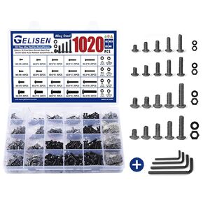 Gelisen 1230Pcs M2 M3 M4 M5 Silver Hex Socket Button Head Screws Nuts Washers Assortment Sets,10.9 Class Alloy Steel Screws Bolts Kit with 4 Allen Wrenches