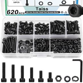 Taiss 620PCS M3 Metric Screws Assortment M3 x 6mm/8mm/10mm/12mm/16mm/20mm Hex Socket Head Cap Screws Bolts Nuts and Washers Kit,12.9 Grade Alloy Steel Black Zinc Plated Small Metric Screws