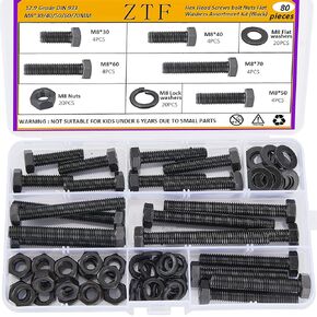 224 PCS Metric M6 M8 M10 Heavy Duty Hex Cap Bolts and Nuts Flat & Lock Washers Assortment Kit, 12.9 Grade Alloy Steel Metric Fully Thread Hexagon Allen Machine Bolt, 8 Most Common Sizes, DIN 933