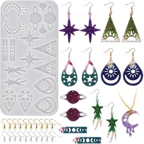 DeryArcle Earring Resin Molds, Moon Stars Jewelry Silicone Mold Kit, Pendant Epoxy Resin Casting Mould with 20 Pieces Earrings Hooks for DIY Necklace Keychain Backpack Decor Crafts (Mold A)
