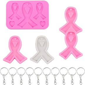 WANDIC Silicone Awareness Ribbon Mold Set, 5 Pcs Ribbon Keychain Molds with 20 Pcs Key Rings Breast Cancer Awareness Pendant Mold for DIY Necklace Pendant Earrings Crafts