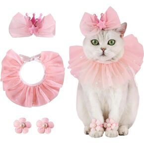 Pet Birthday Hat Scarf Set Puppy Princess Costumes Cute Lace Cat Outfit Dog Colorful Dots Bandana Pom-pom Cone Hat Cat Happy Birthday Decorations Pet Party Supplies