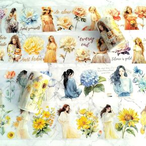 japleed 2 Roll Vintage Girls Flower PET Tape Decorative Floral Adhesive Tape Scrapbook Aesthetic Sticker Scrapbooking Junk Journal Supplies for Planner Craft Card Making Journaling (2 Roll-Bright)