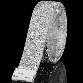 3 Yards Self Rhinestone Ribbon Crystal Rhinestones Stickers Bling Tape Wedding Ribbon Rhinestones for Crafts Car Wrap Phone Mirror Decor (Silver White)