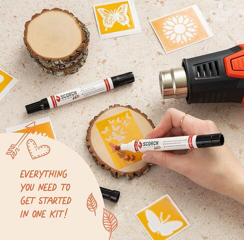 SCORCH MARKER Advance Bundle includes 2 SMPROS, 1500W Heat Gun, 10 Wood Rounds, 2 Vinyl Stencil Packs, Sanding Kit & Wood Finish - Give your Creation Life with a Start to Finish, DIY Crafting Pack! in Kuwait