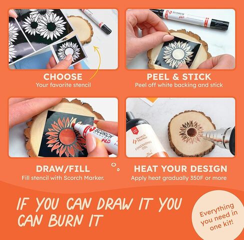 SCORCH MARKER Advance Bundle includes 2 SMPROS, 1500W Heat Gun, 10 Wood Rounds, 2 Vinyl Stencil Packs, Sanding Kit & Wood Finish - Give your Creation Life with a Start to Finish, DIY Crafting Pack! in Kuwait