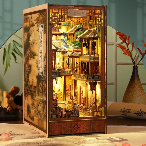 OurMiao Book Nook Kit, DIY Booknook Kits for Adults Teens, Chinese Style Miniature Dollhouse Kit with Sensor Lights, Decorative Bookends Bookshelf Insert Decor (Yard of Han Dynasty) in Saudi Arabia