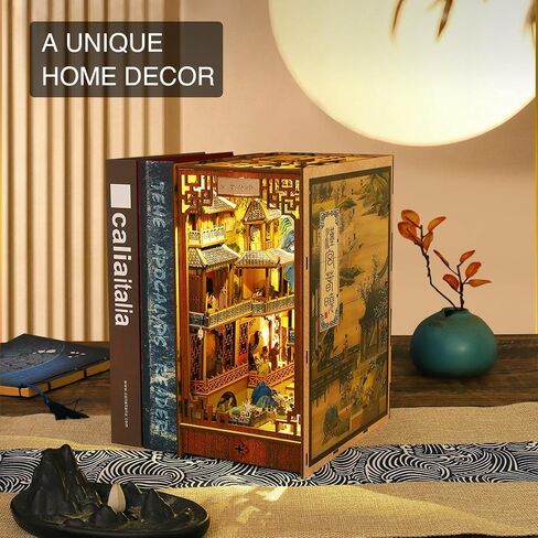 OurMiao Book Nook Kit, DIY Booknook Kits for Adults Teens, Chinese Style Miniature Dollhouse Kit with Sensor Lights, Decorative Bookends Bookshelf Insert Decor (Yard of Han Dynasty) in Saudi Arabia