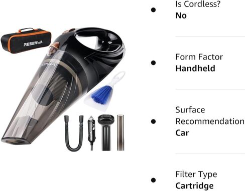 Reserwa [الجيل الخامس] مكنسة كهربائية محمولة باليد بقدرة 12 فولت 106 وات بقوة 4500 باسكال، مع سلك طاقة بطول 16.4 قدم (5 أمتار)، وحقيبة حمل، وفرشاة تنظيف (أسود) in Kuwait