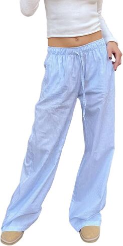 NUFIWI Women Y2k Striped Lounge Pants Wide Leg Drawstring Baggy Pajamas Pants High Waist Casual Loose Going Out Pants in Saudi Arabia