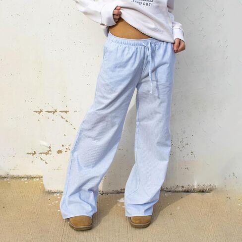 NUFIWI Women Y2k Striped Lounge Pants Wide Leg Drawstring Baggy Pajamas Pants High Waist Casual Loose Going Out Pants in Saudi Arabia