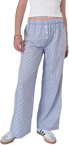 NUFIWI Women Y2k Striped Lounge Pants Wide Leg Drawstring Baggy Pajamas Pants High Waist Casual Loose Going Out Pants in Saudi Arabia